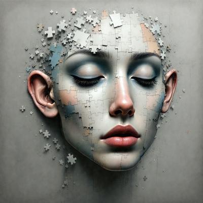 The primary subject of the image is a woman's face, which is the main focus of the image. The setting is a close-up of the woman's face, and the visual style is a digital art or illustration. The colors and mood of the image are predominantly blue, giving it a calm and serene atmosphere.